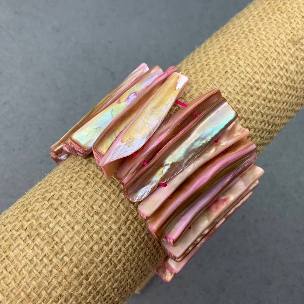 Pink MOP Bracelet Shell Stretch Chunky Organic Iridescent Beachy Retro BoHo
